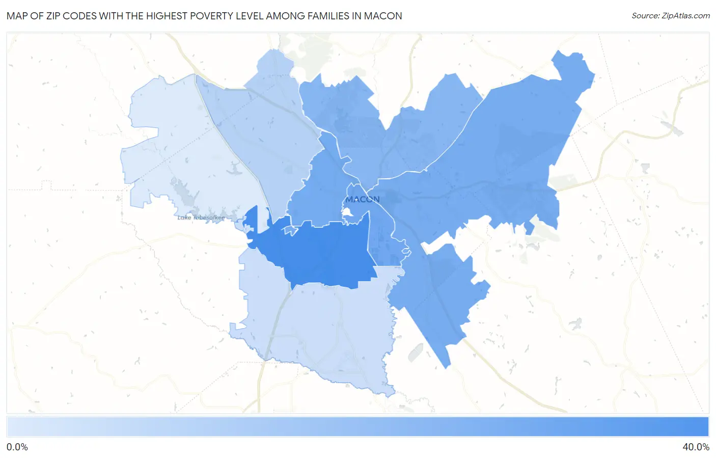 Zip Codes with the Highest Poverty Level Among Families in Macon Map