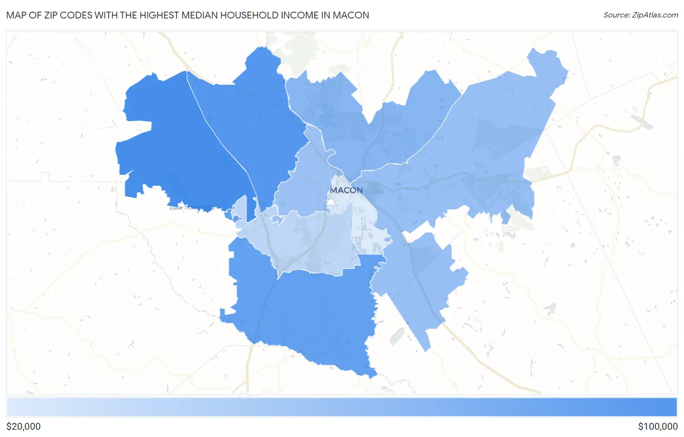 Zip Codes with the Highest Median Household Income in Macon Map