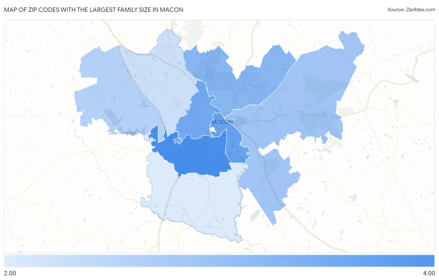 Zip Codes with the Largest Family Size in Macon Map