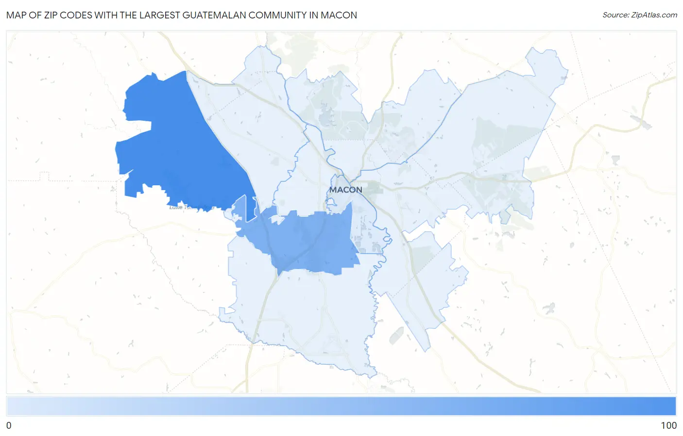 Zip Codes with the Largest Guatemalan Community in Macon Map