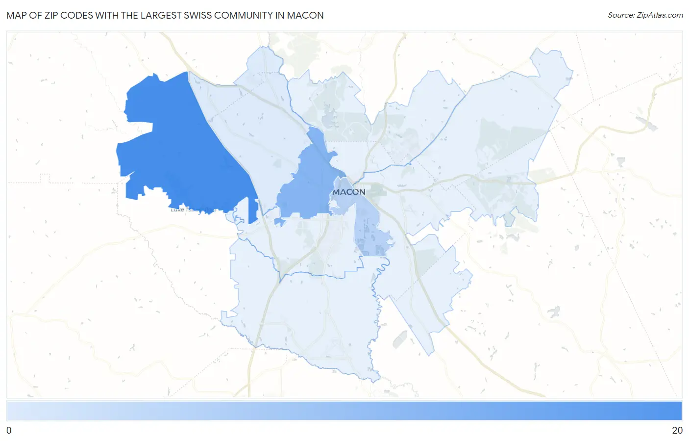 Zip Codes with the Largest Swiss Community in Macon Map
