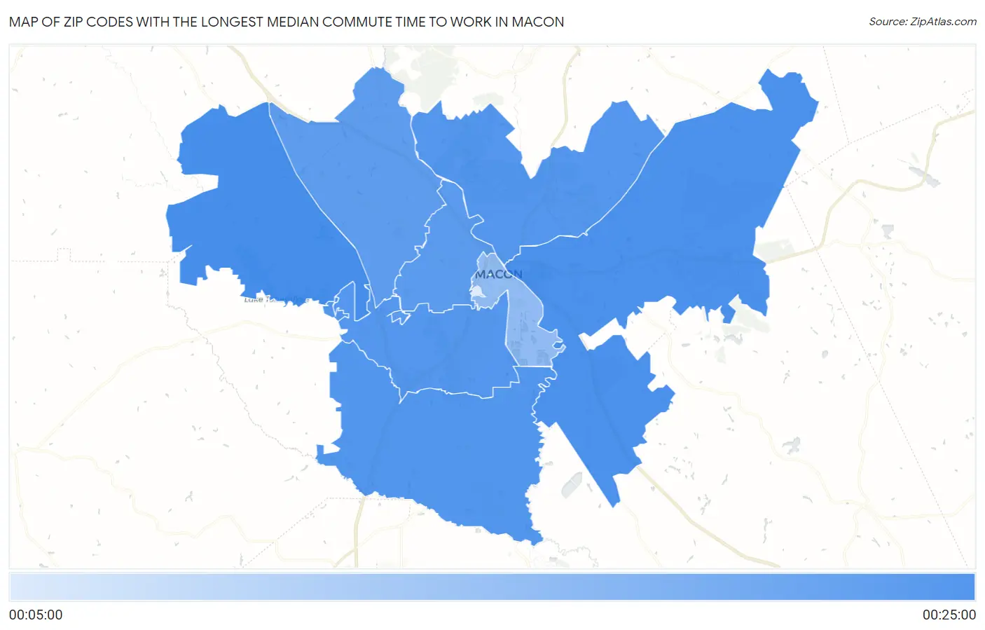 Zip Codes with the Longest Median Commute Time to Work in Macon Map