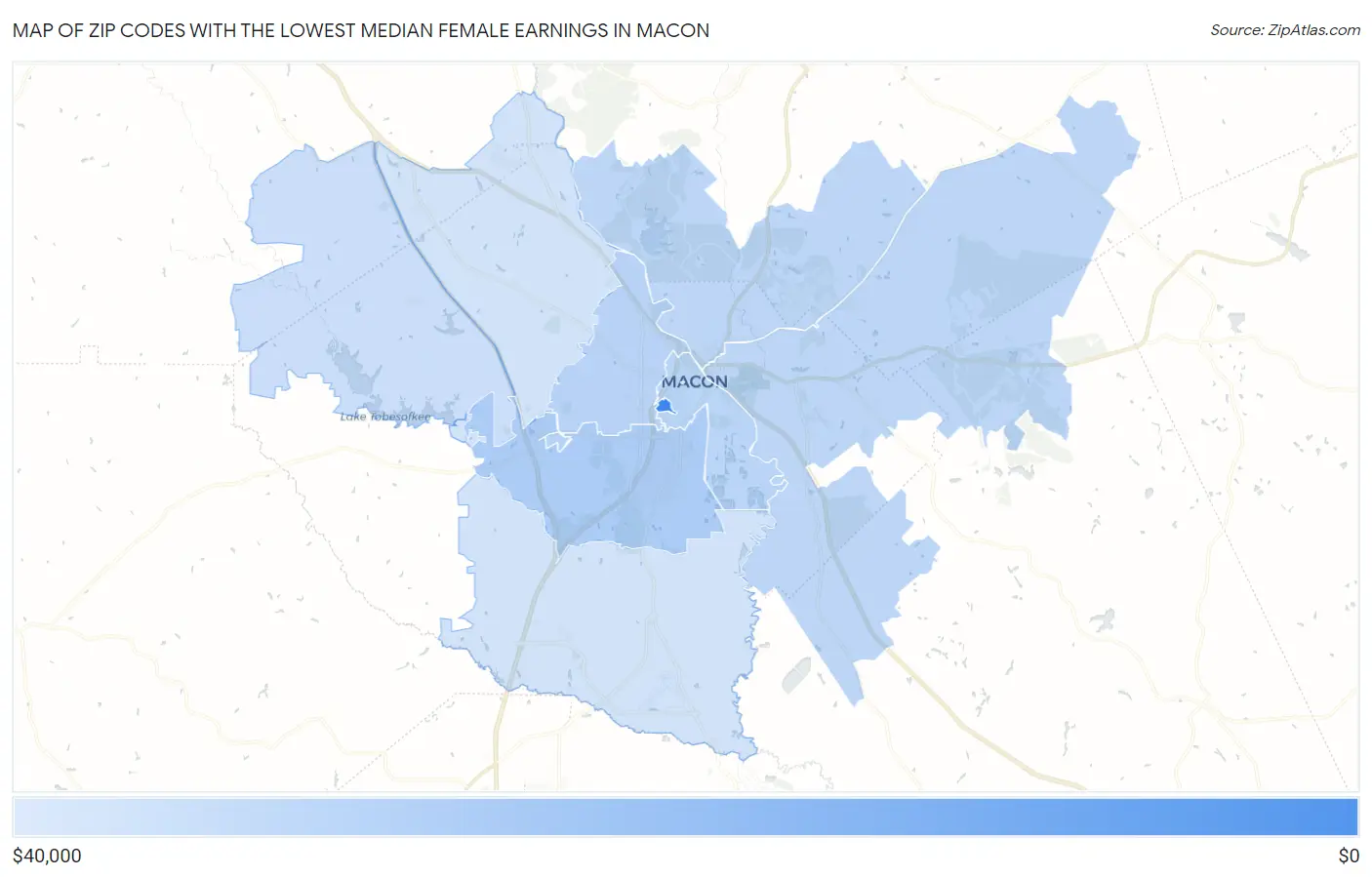 Zip Codes with the Lowest Median Female Earnings in Macon Map