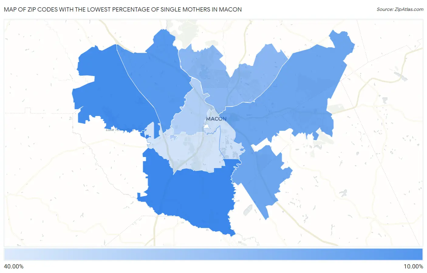 Zip Codes with the Lowest Percentage of Single Mothers in Macon Map