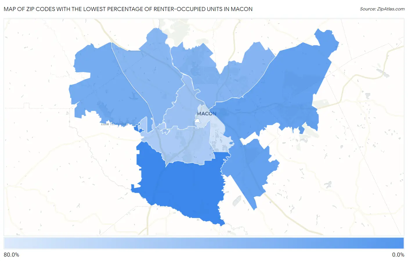Zip Codes with the Lowest Percentage of Renter-Occupied Units in Macon Map