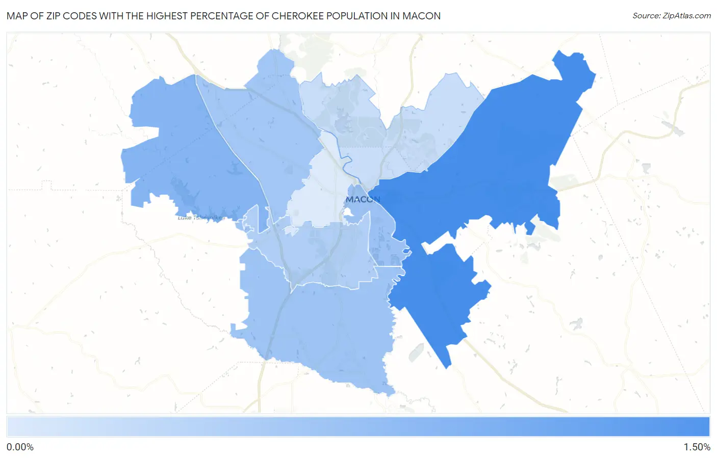 Zip Codes with the Highest Percentage of Cherokee Population in Macon Map