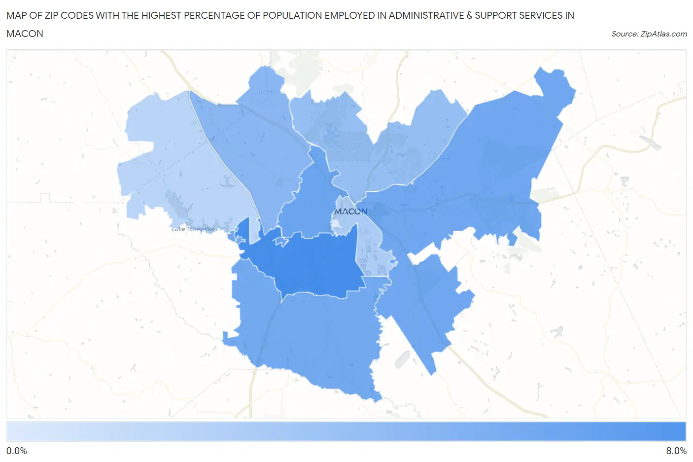 Zip Codes with the Highest Percentage of Population Employed in Administrative & Support Services in Macon Map