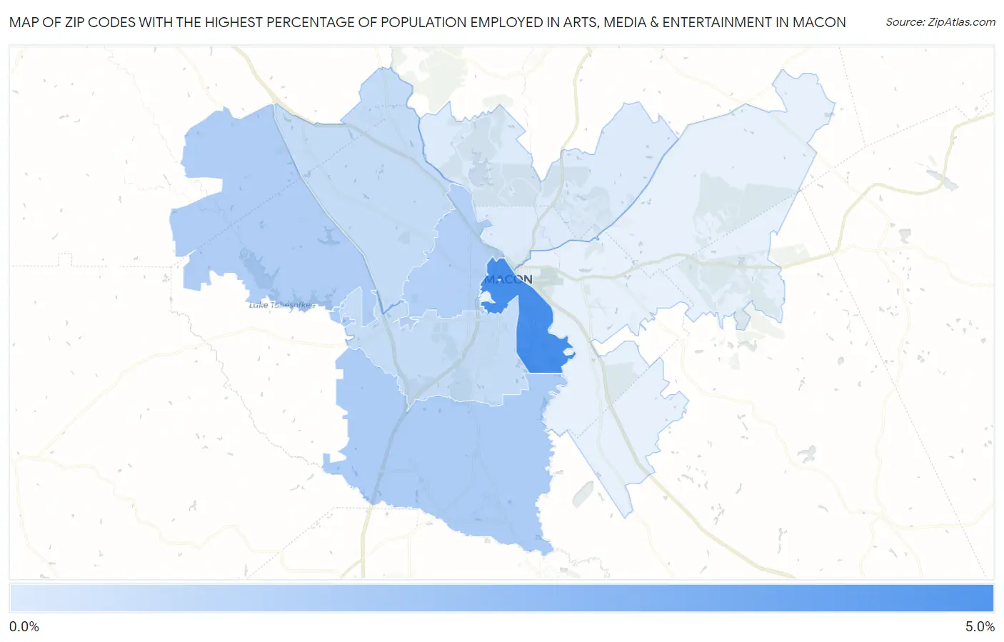 Zip Codes with the Highest Percentage of Population Employed in Arts, Media & Entertainment in Macon Map