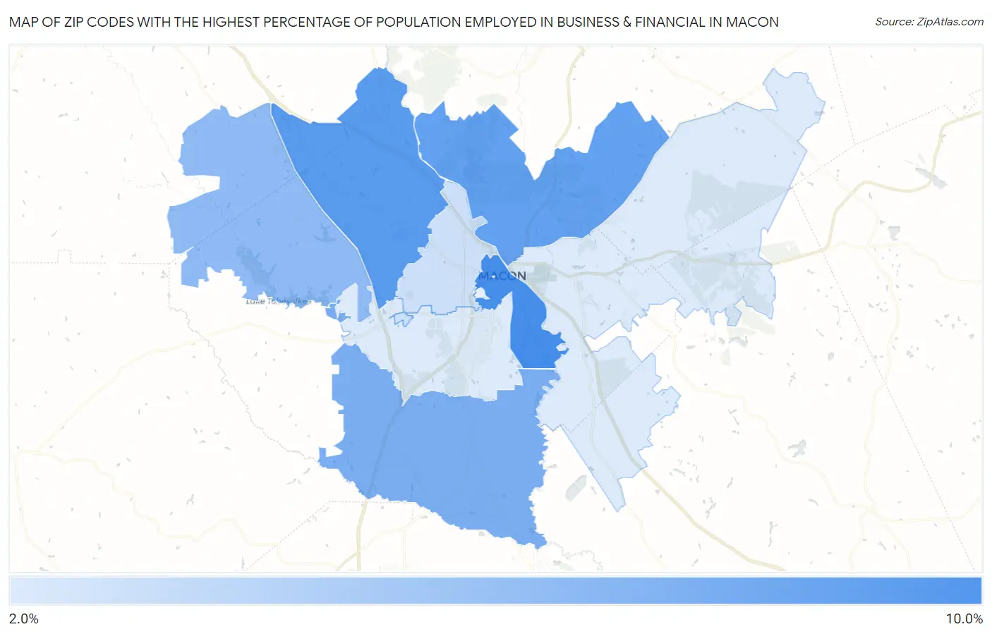 Zip Codes with the Highest Percentage of Population Employed in Business & Financial in Macon Map