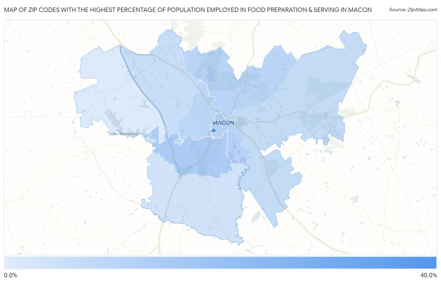 Zip Codes with the Highest Percentage of Population Employed in Food Preparation & Serving in Macon Map