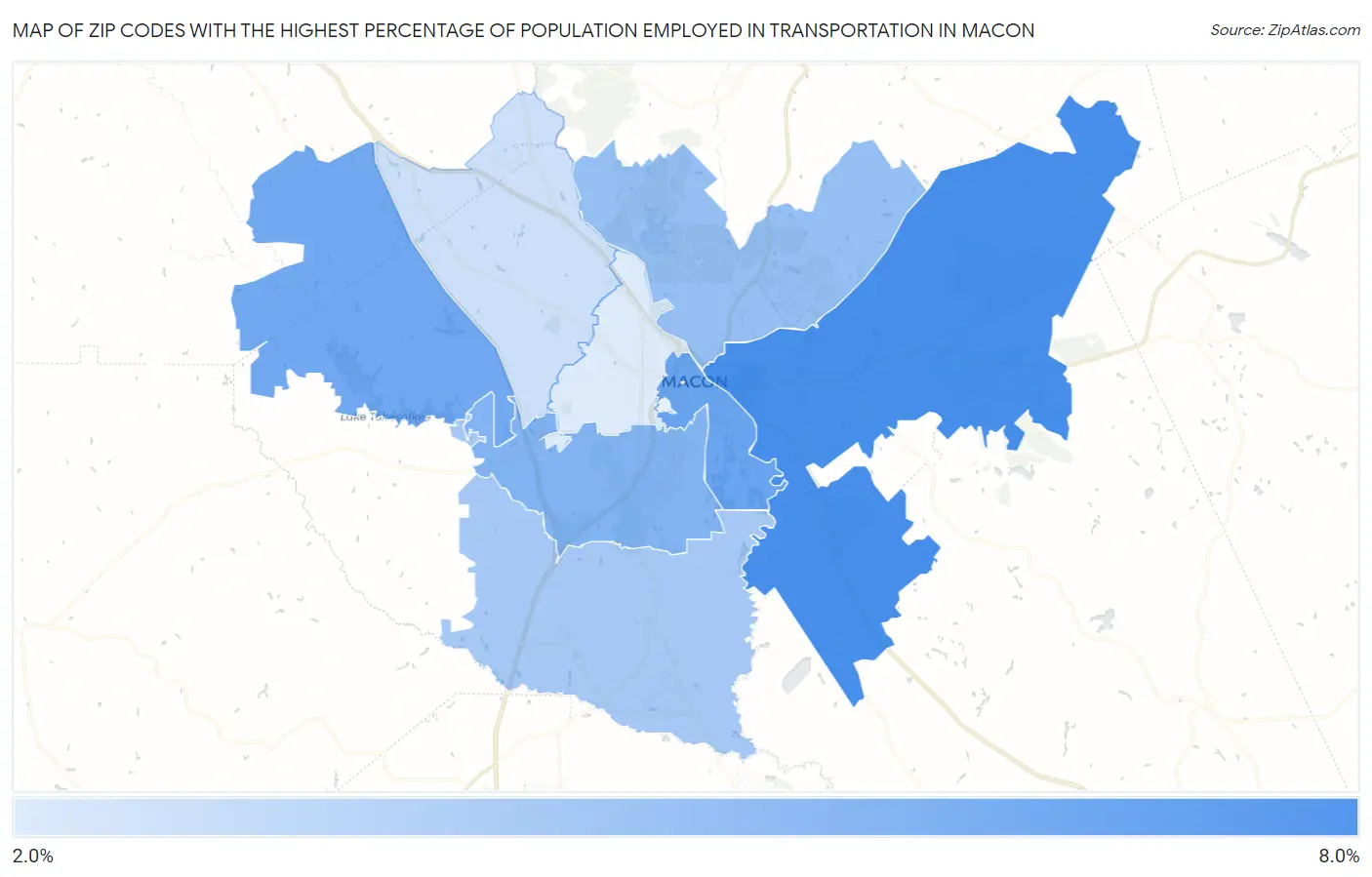 Zip Codes with the Highest Percentage of Population Employed in Transportation in Macon Map