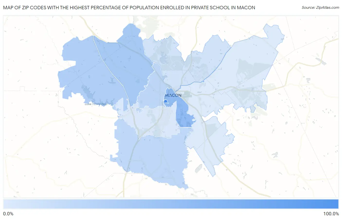 Zip Codes with the Highest Percentage of Population Enrolled in Private School in Macon Map