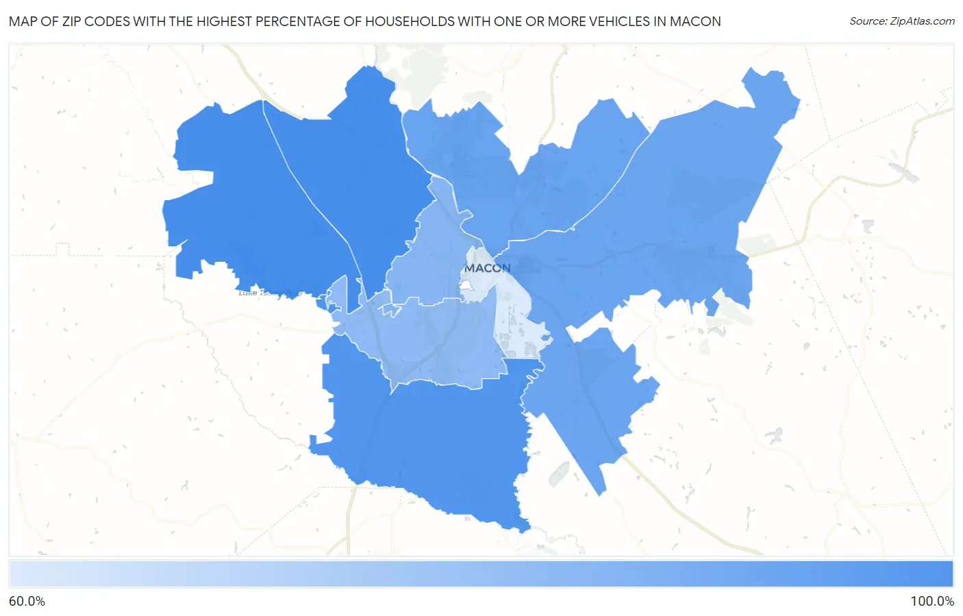 Zip Codes with the Highest Percentage of Households With One or more Vehicles in Macon Map