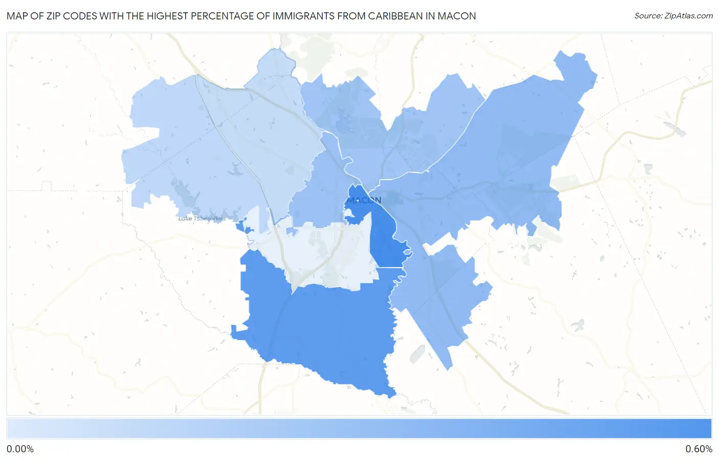 Zip Codes with the Highest Percentage of Immigrants from Caribbean in Macon Map