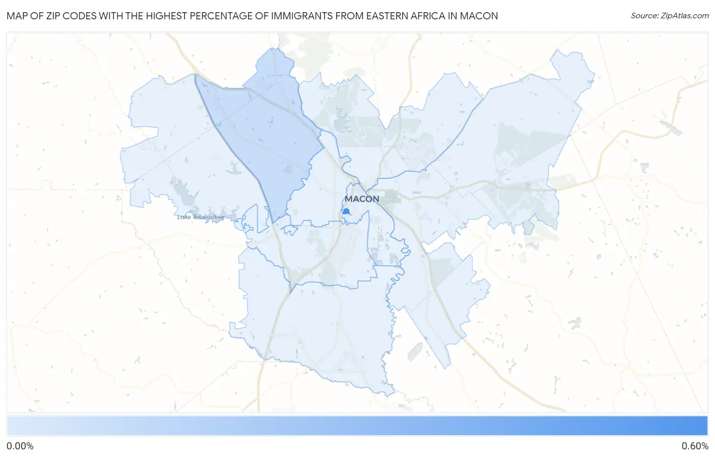 Zip Codes with the Highest Percentage of Immigrants from Eastern Africa in Macon Map