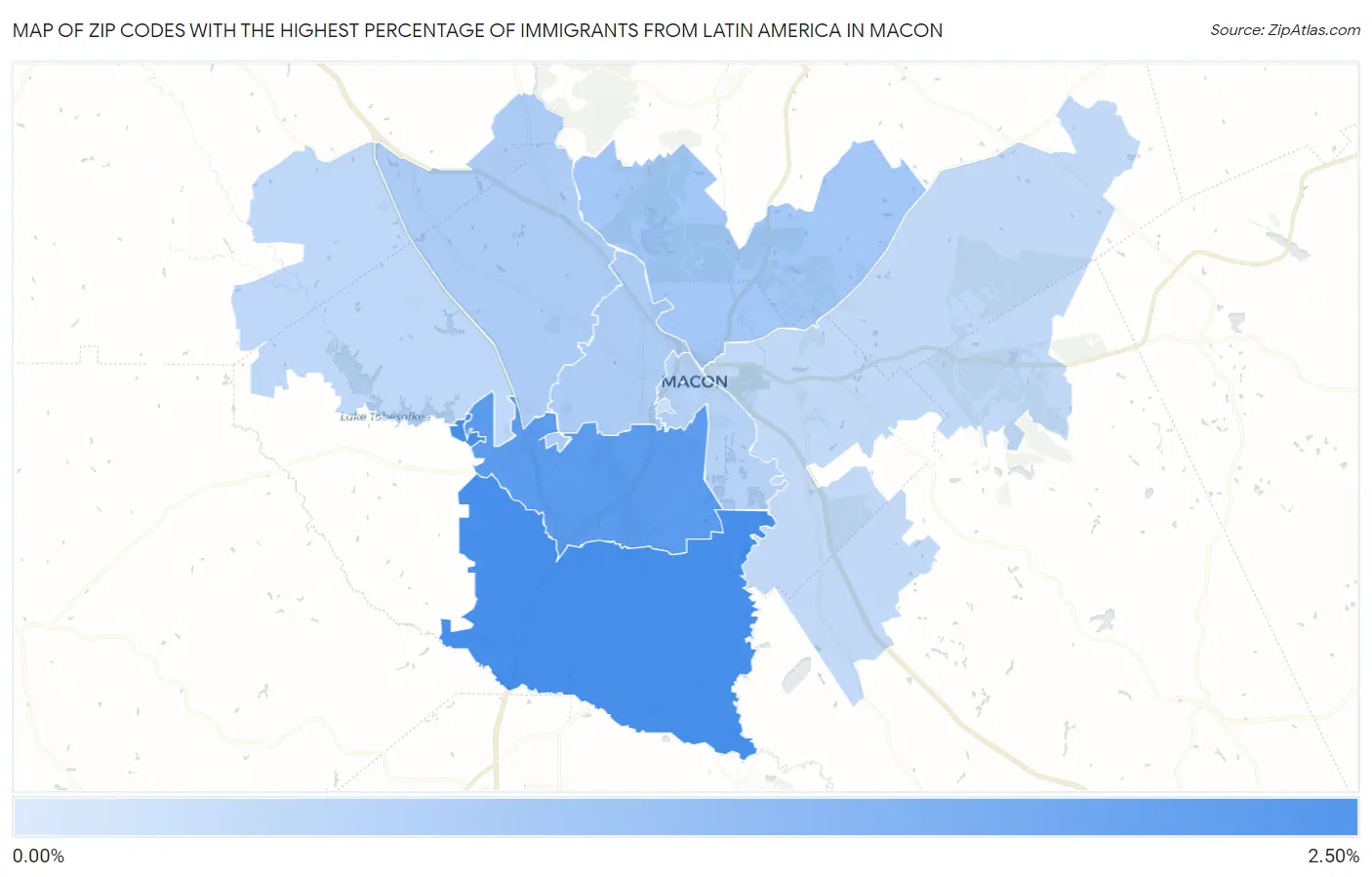 Zip Codes with the Highest Percentage of Immigrants from Latin America in Macon Map
