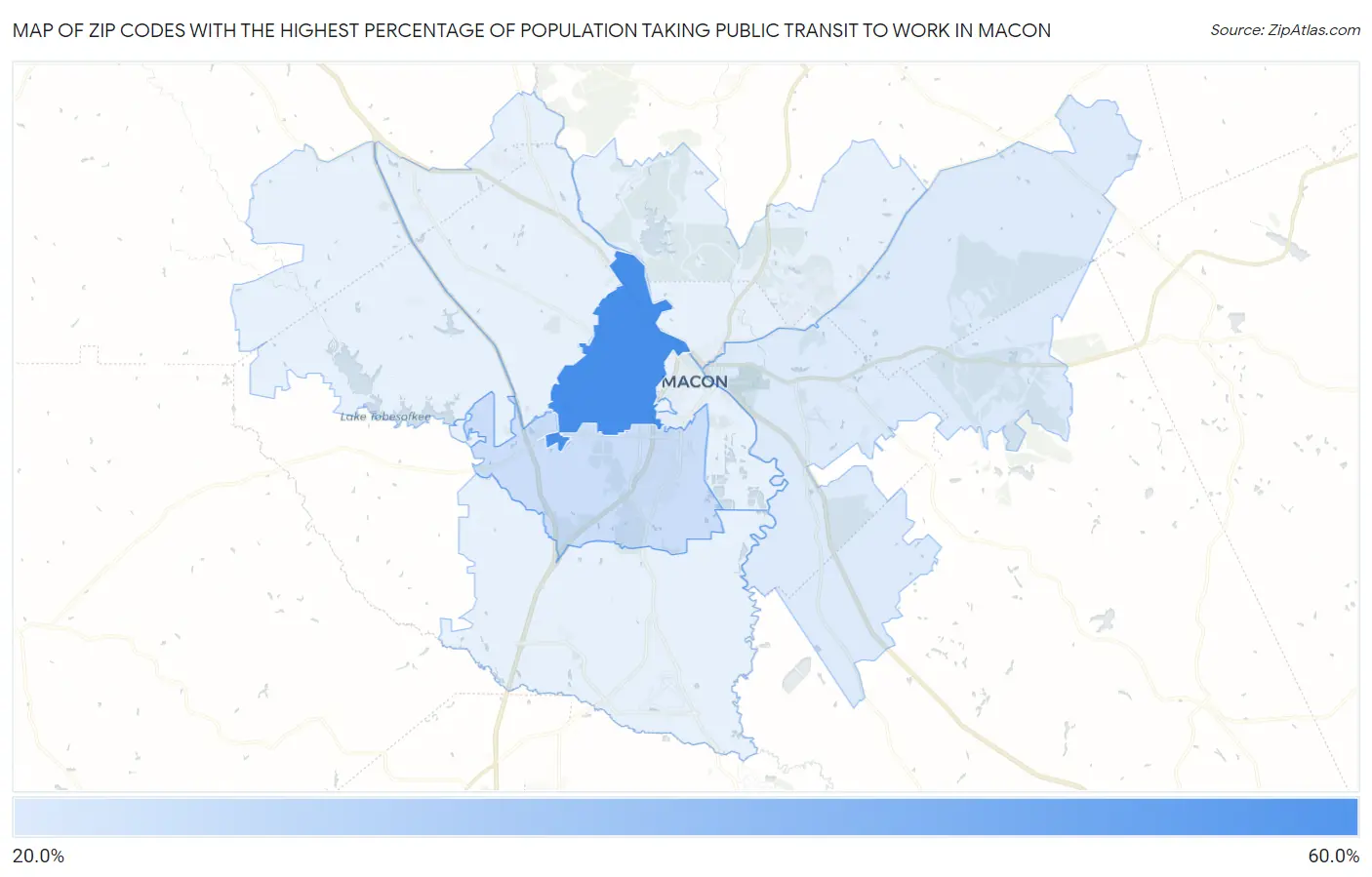 Zip Codes with the Highest Percentage of Population Taking Public Transit to Work in Macon Map