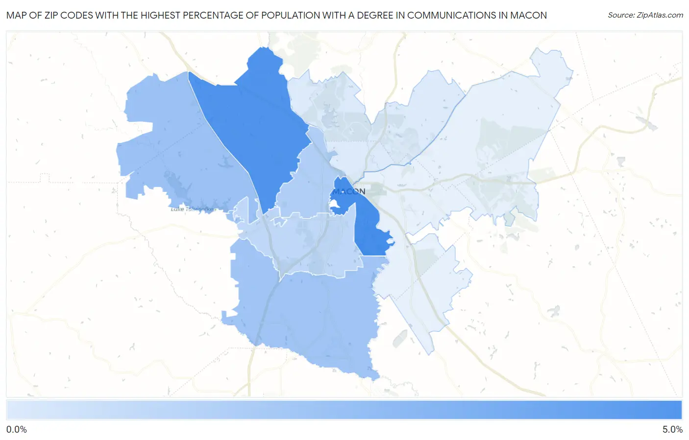 Zip Codes with the Highest Percentage of Population with a Degree in Communications in Macon Map