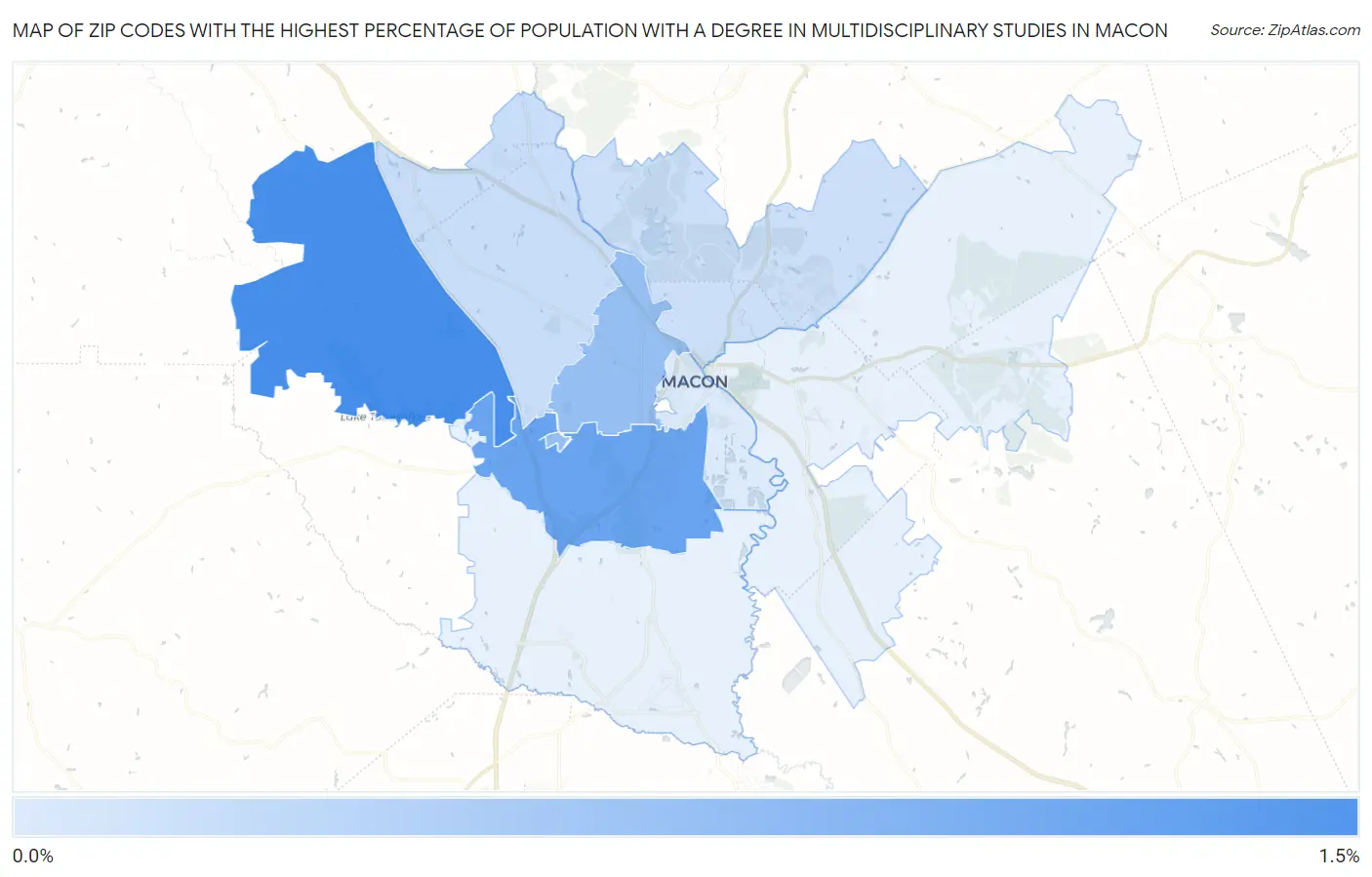 Zip Codes with the Highest Percentage of Population with a Degree in Multidisciplinary Studies in Macon Map