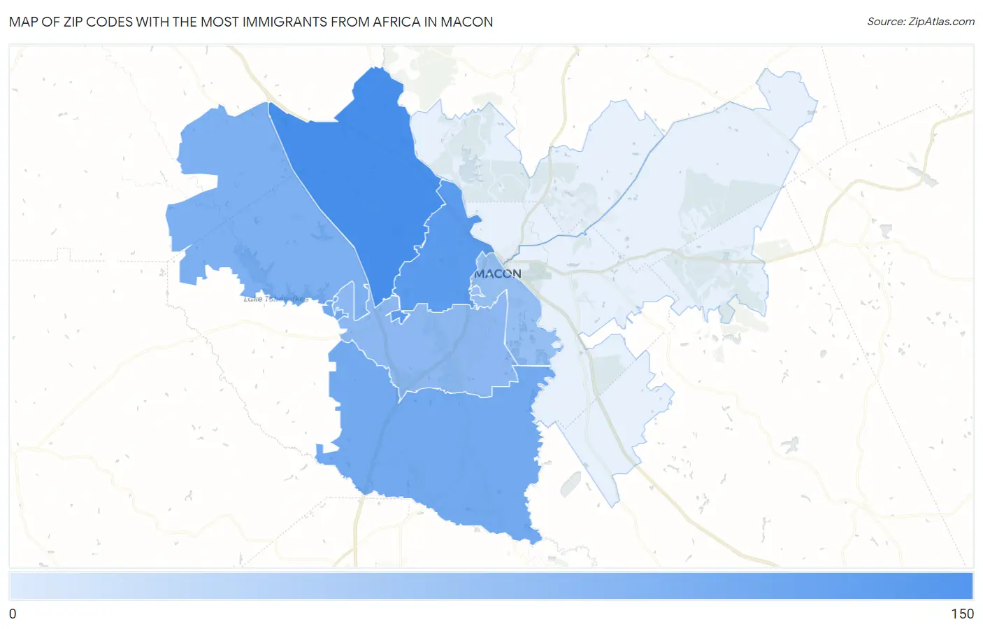 Zip Codes with the Most Immigrants from Africa in Macon Map