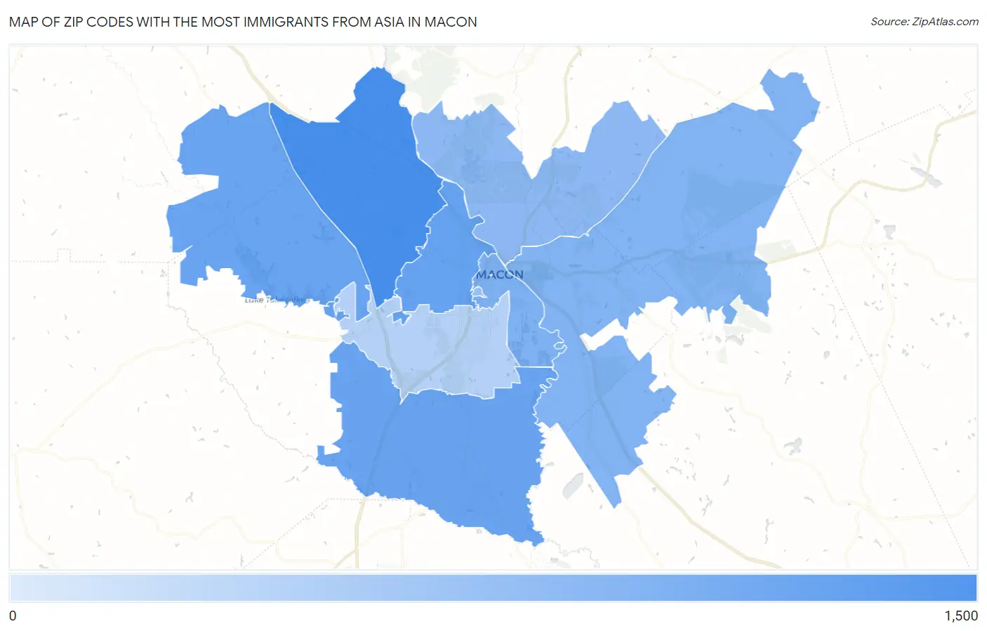 Zip Codes with the Most Immigrants from Asia in Macon Map