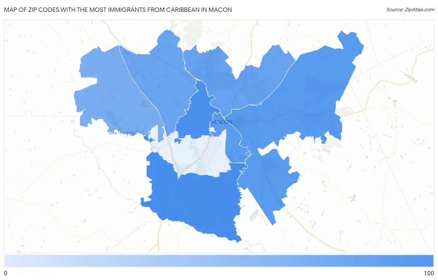 Zip Codes with the Most Immigrants from Caribbean in Macon Map