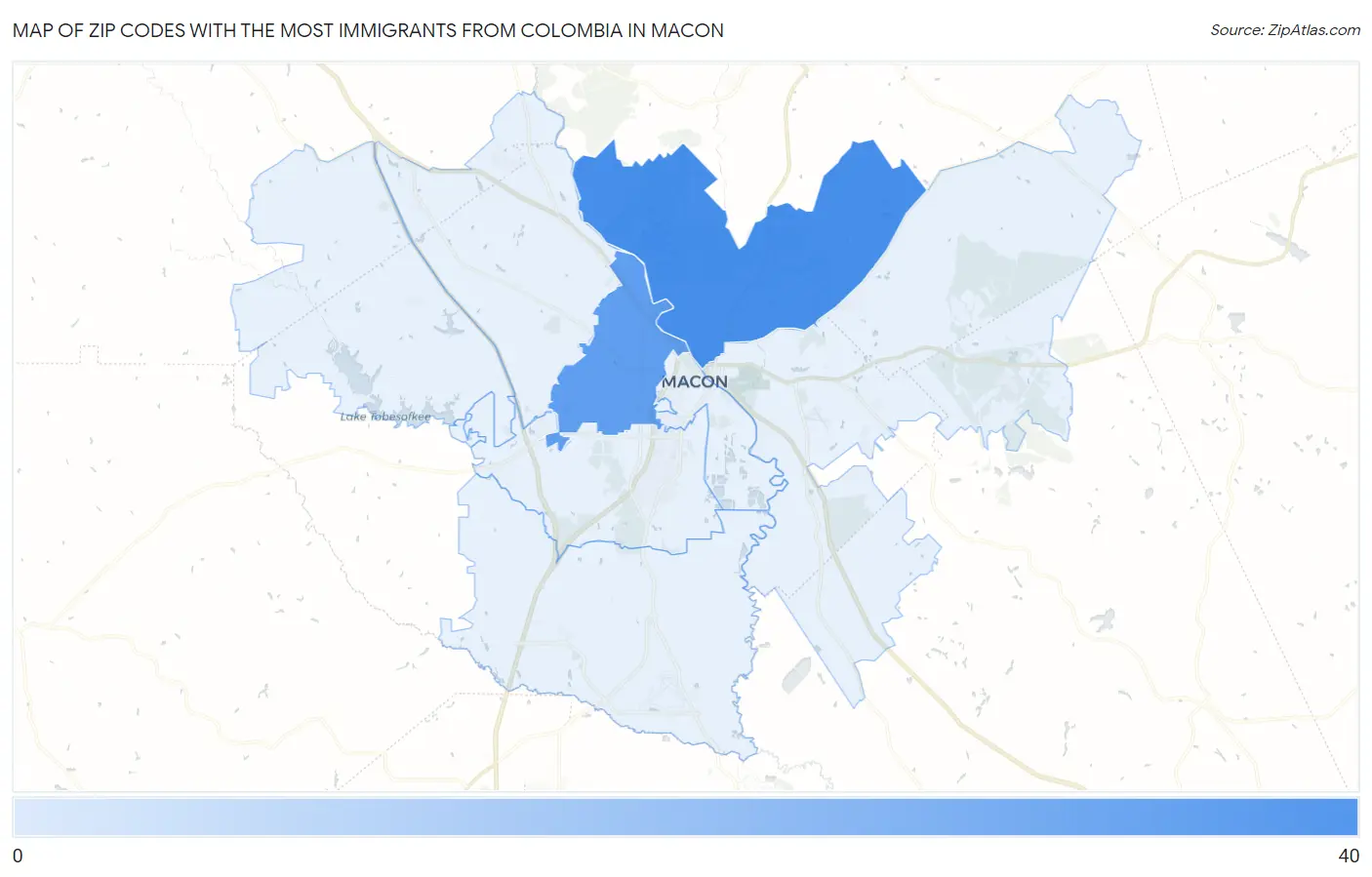 Zip Codes with the Most Immigrants from Colombia in Macon Map