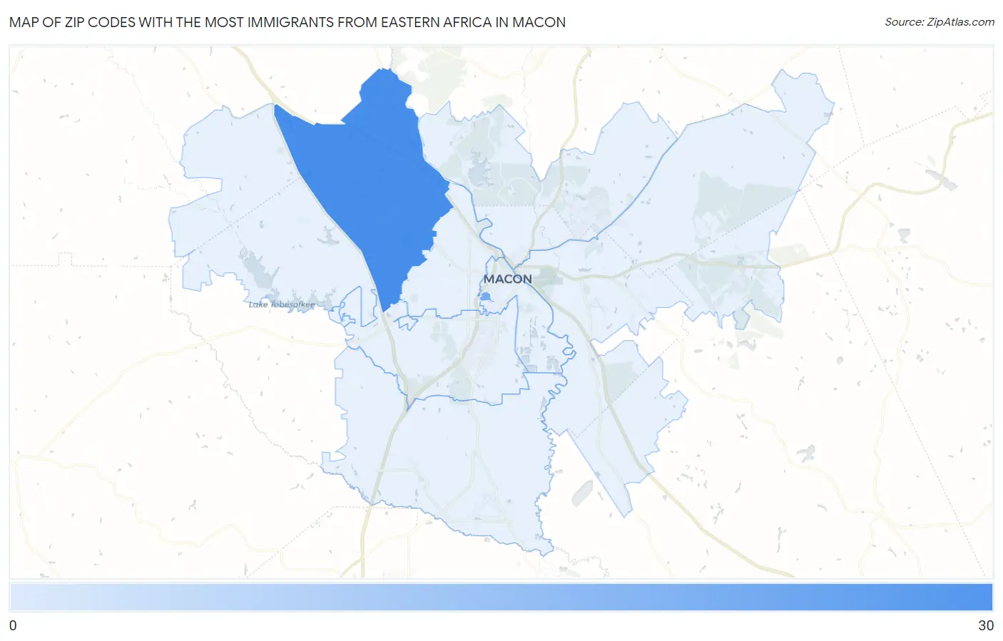 Zip Codes with the Most Immigrants from Eastern Africa in Macon Map