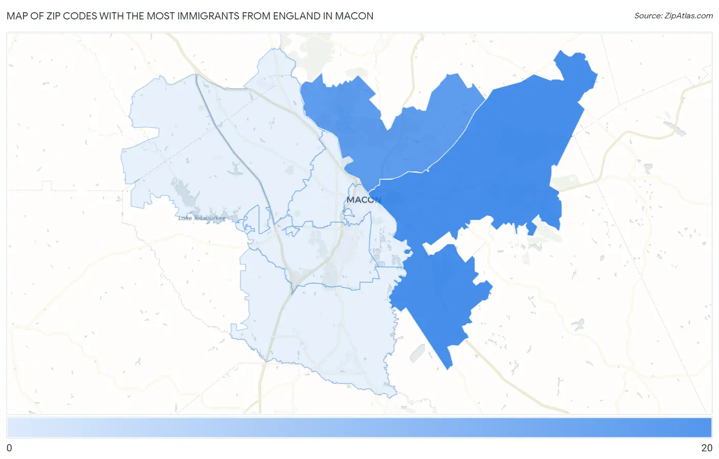 Zip Codes with the Most Immigrants from England in Macon Map