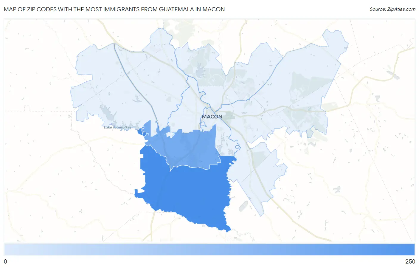 Zip Codes with the Most Immigrants from Guatemala in Macon Map