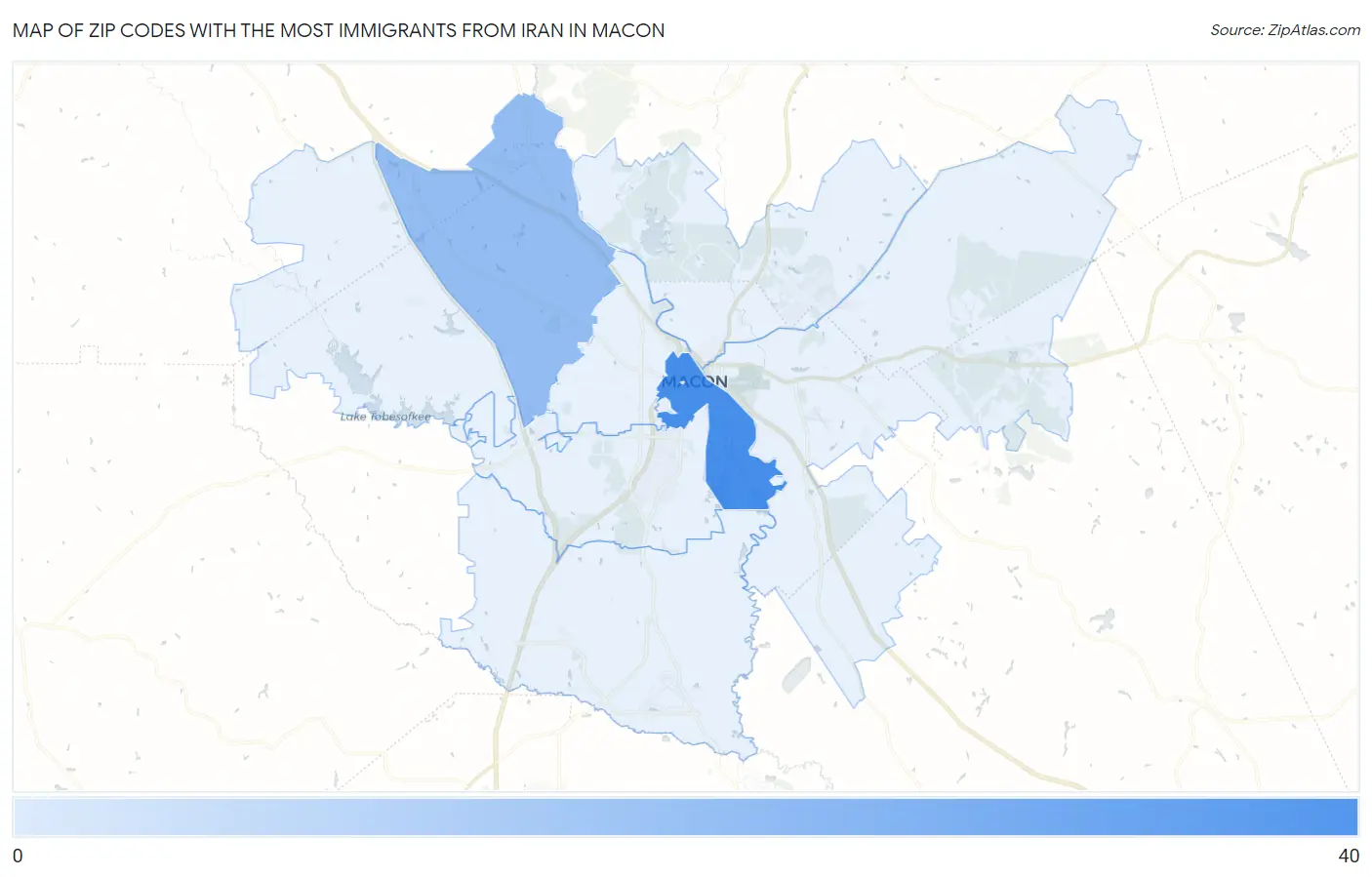 Zip Codes with the Most Immigrants from Iran in Macon Map