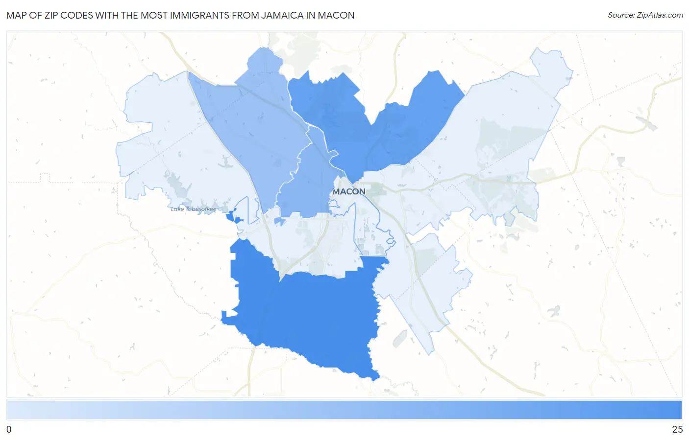 Zip Codes with the Most Immigrants from Jamaica in Macon Map