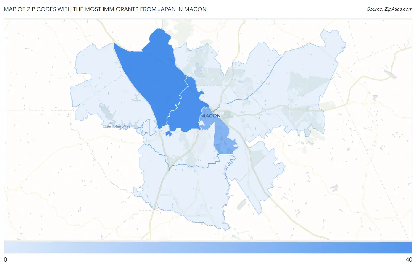 Zip Codes with the Most Immigrants from Japan in Macon Map