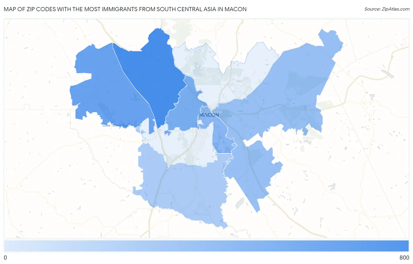 Zip Codes with the Most Immigrants from South Central Asia in Macon Map