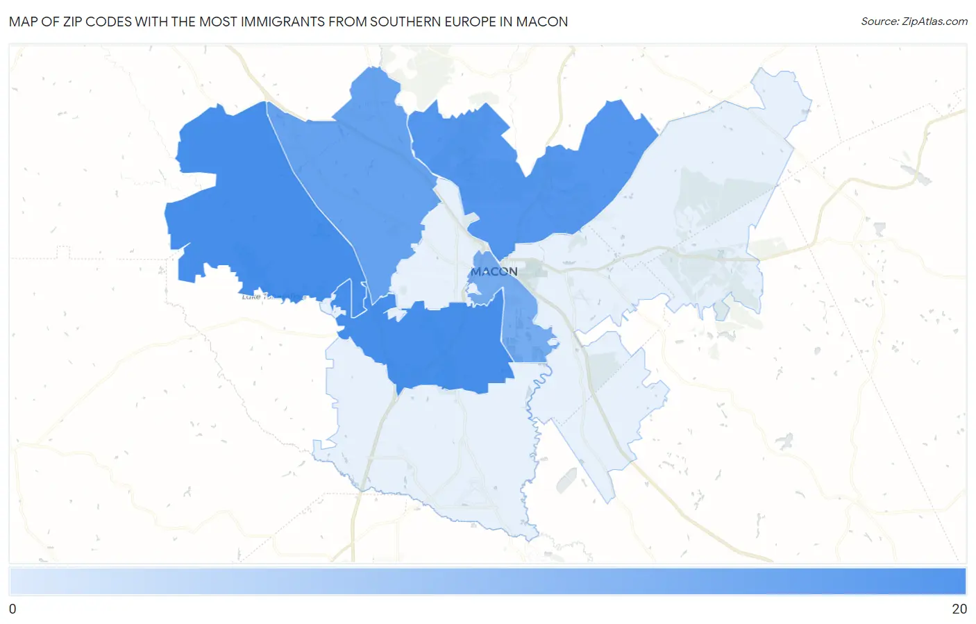 Zip Codes with the Most Immigrants from Southern Europe in Macon Map