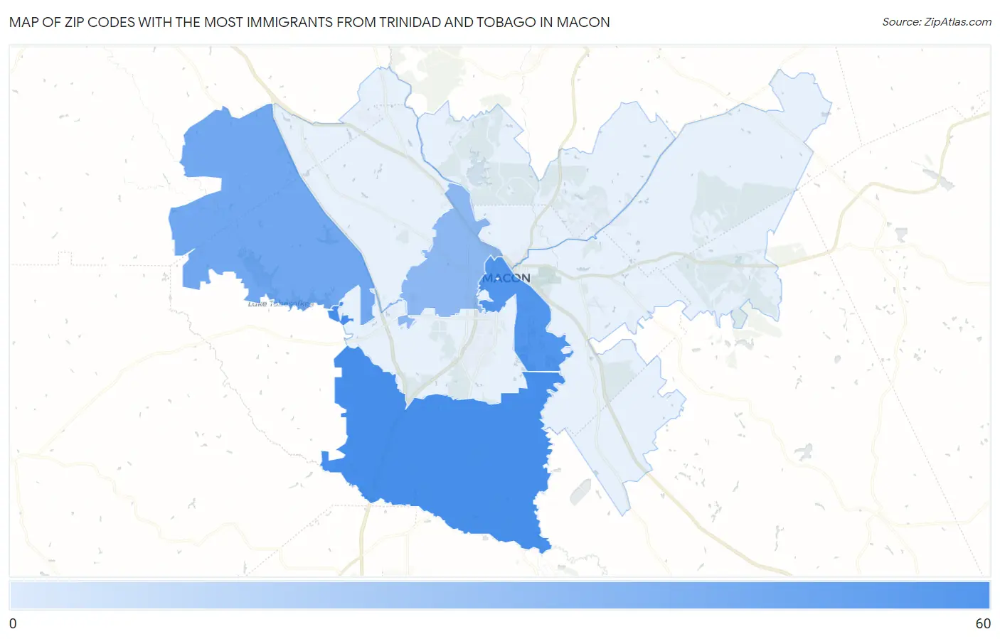 Zip Codes with the Most Immigrants from Trinidad and Tobago in Macon Map