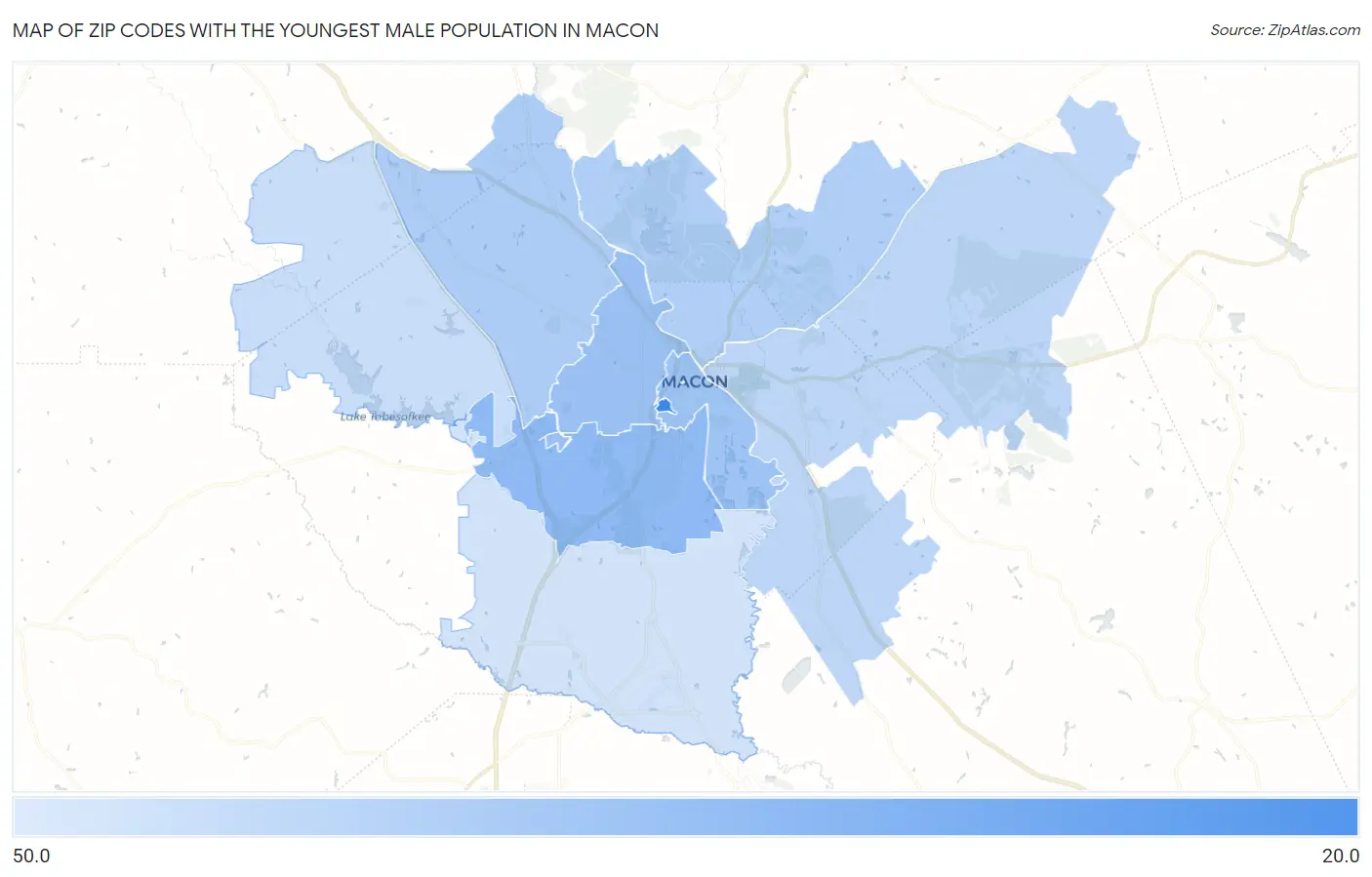 Zip Codes with the Youngest Male Population in Macon Map
