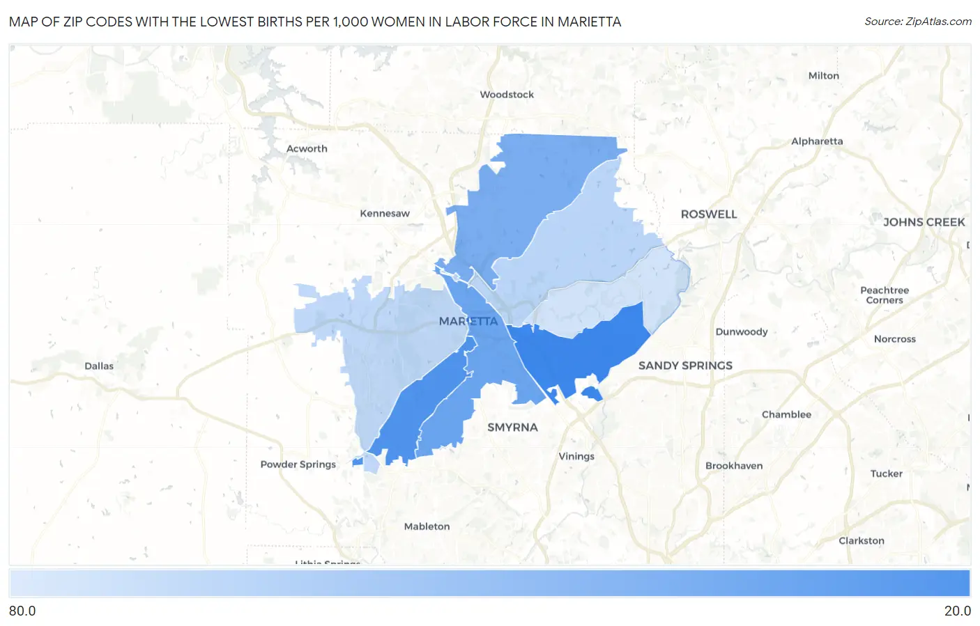 Zip Codes with the Lowest Births per 1,000 Women in Labor Force in Marietta Map