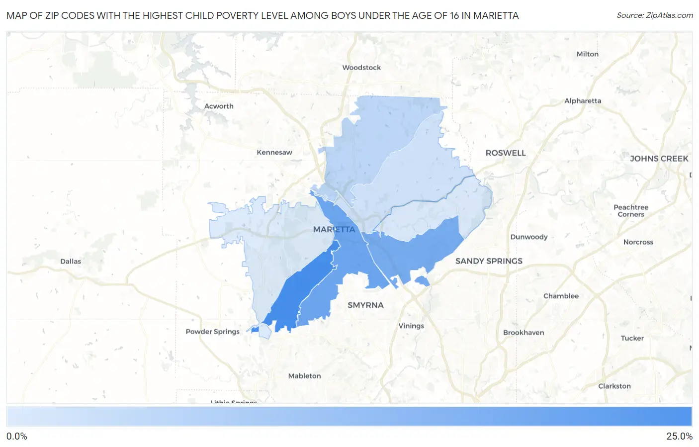 Zip Codes with the Highest Child Poverty Level Among Boys Under the Age of 16 in Marietta Map
