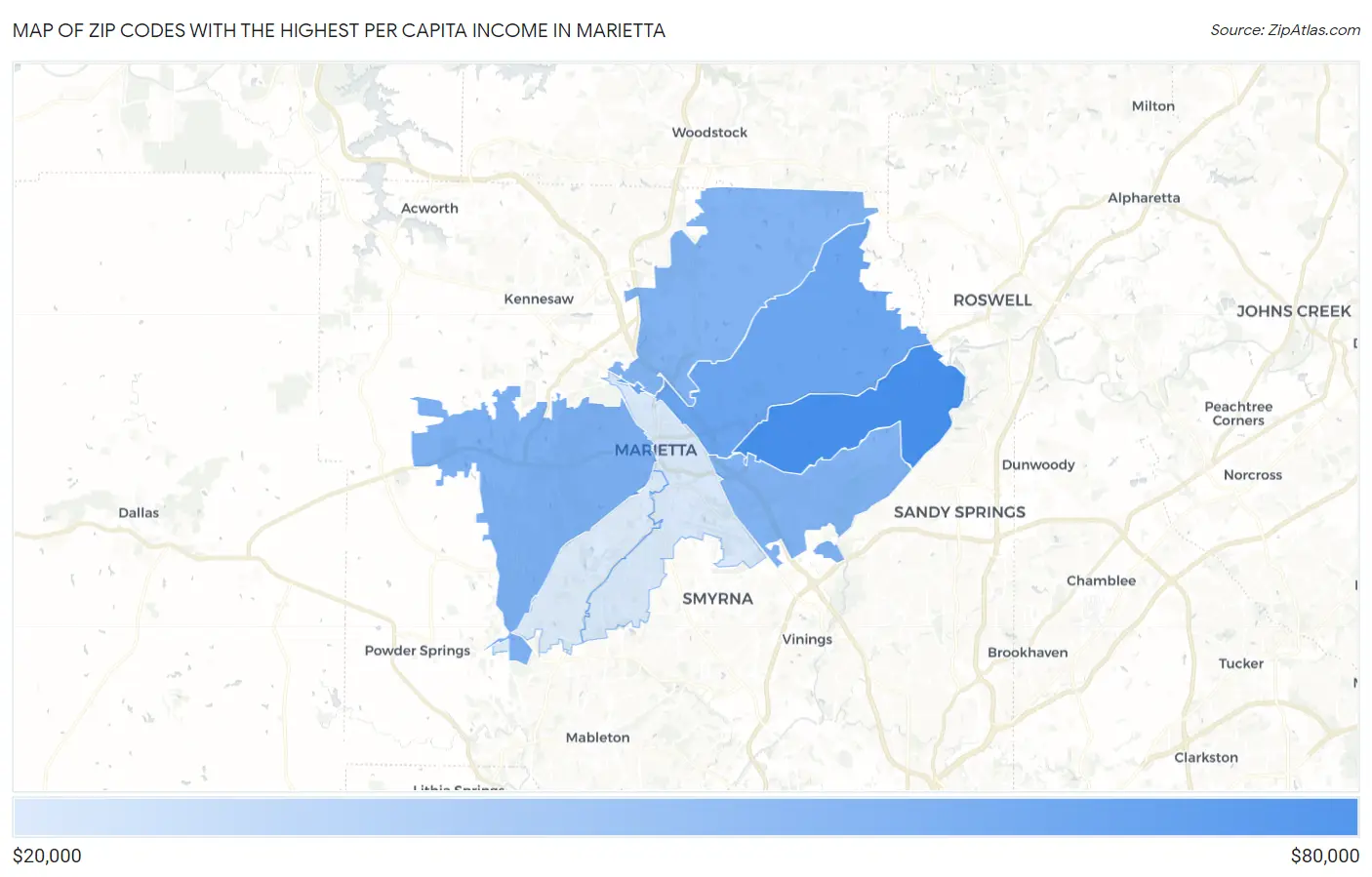 Zip Codes with the Highest Per Capita Income in Marietta Map
