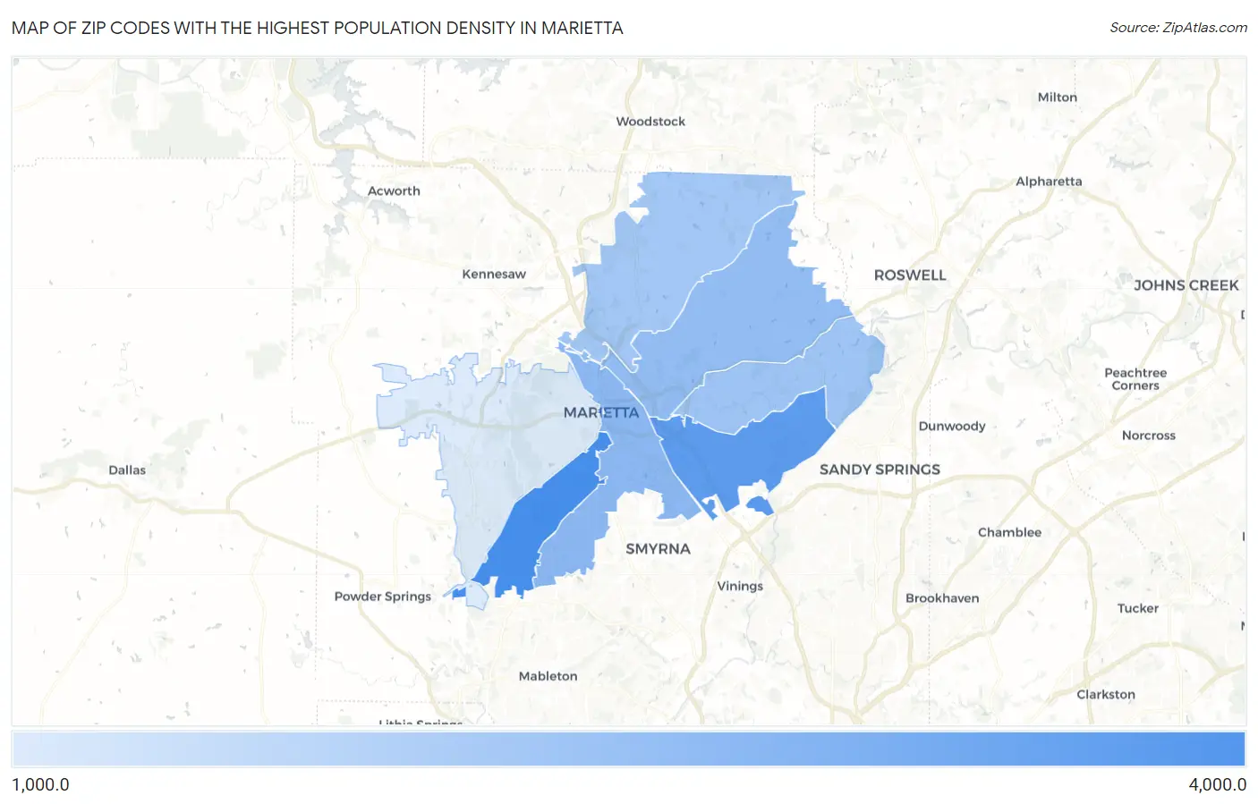 Zip Codes with the Highest Population Density in Marietta Map