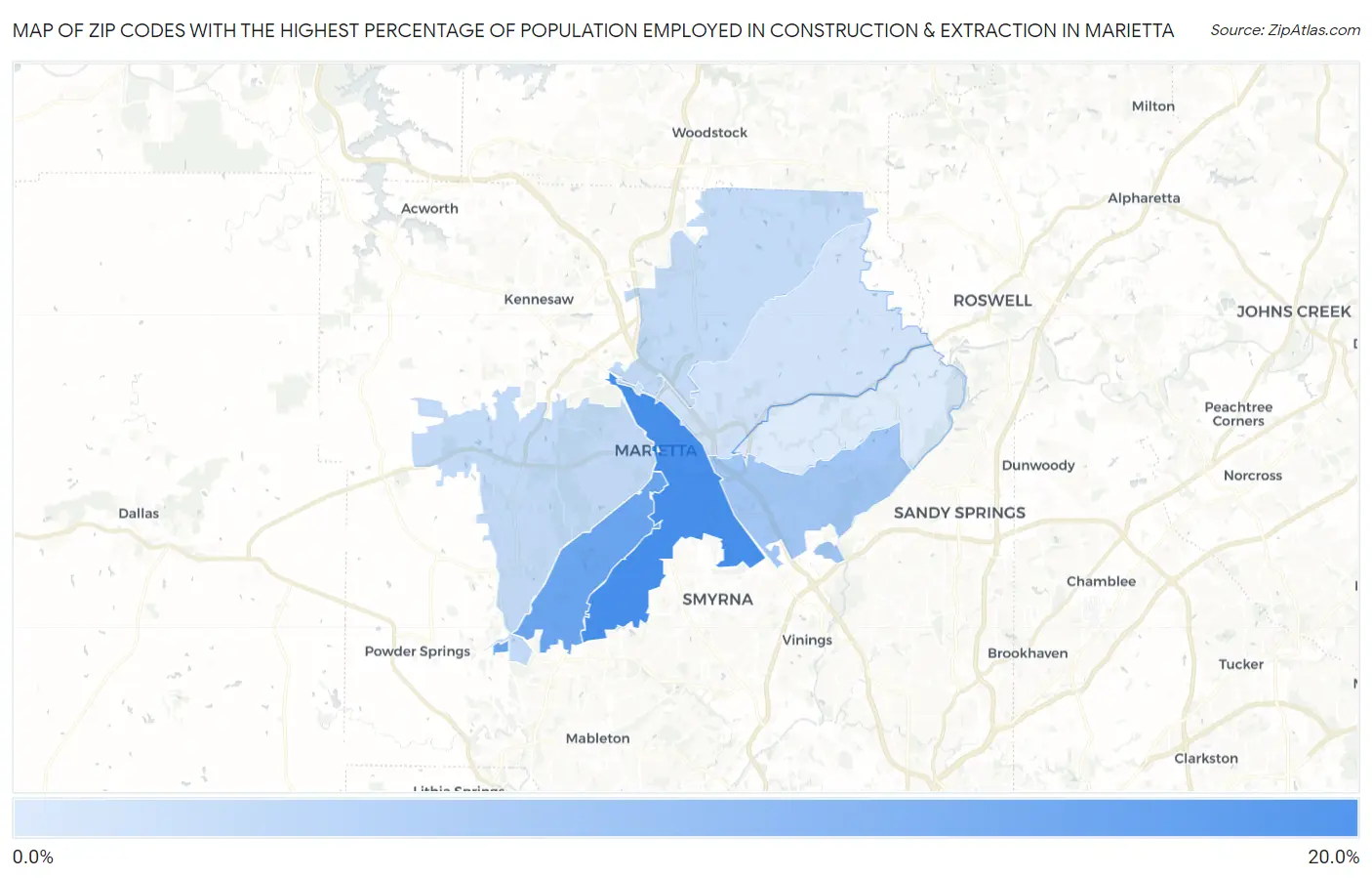 Zip Codes with the Highest Percentage of Population Employed in Construction & Extraction in Marietta Map