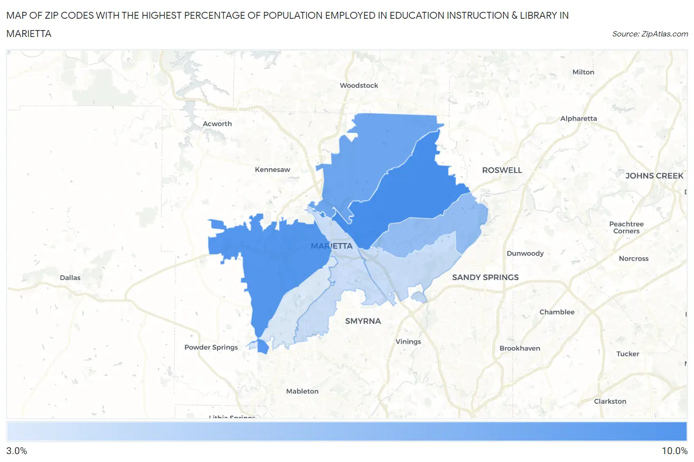 Zip Codes with the Highest Percentage of Population Employed in Education Instruction & Library in Marietta Map