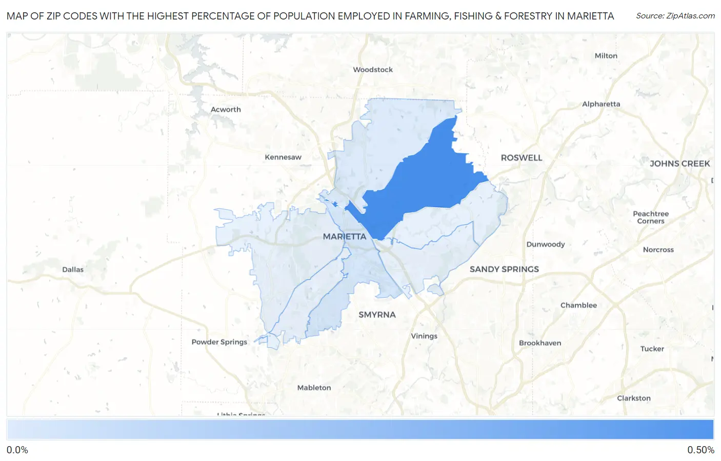 Zip Codes with the Highest Percentage of Population Employed in Farming, Fishing & Forestry in Marietta Map