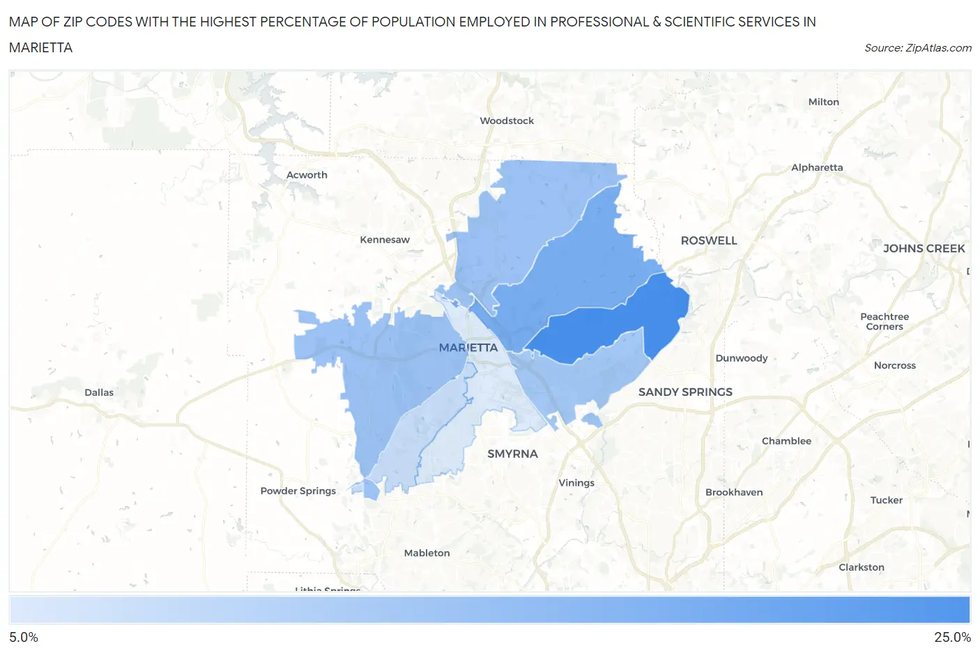 Zip Codes with the Highest Percentage of Population Employed in Professional & Scientific Services in Marietta Map