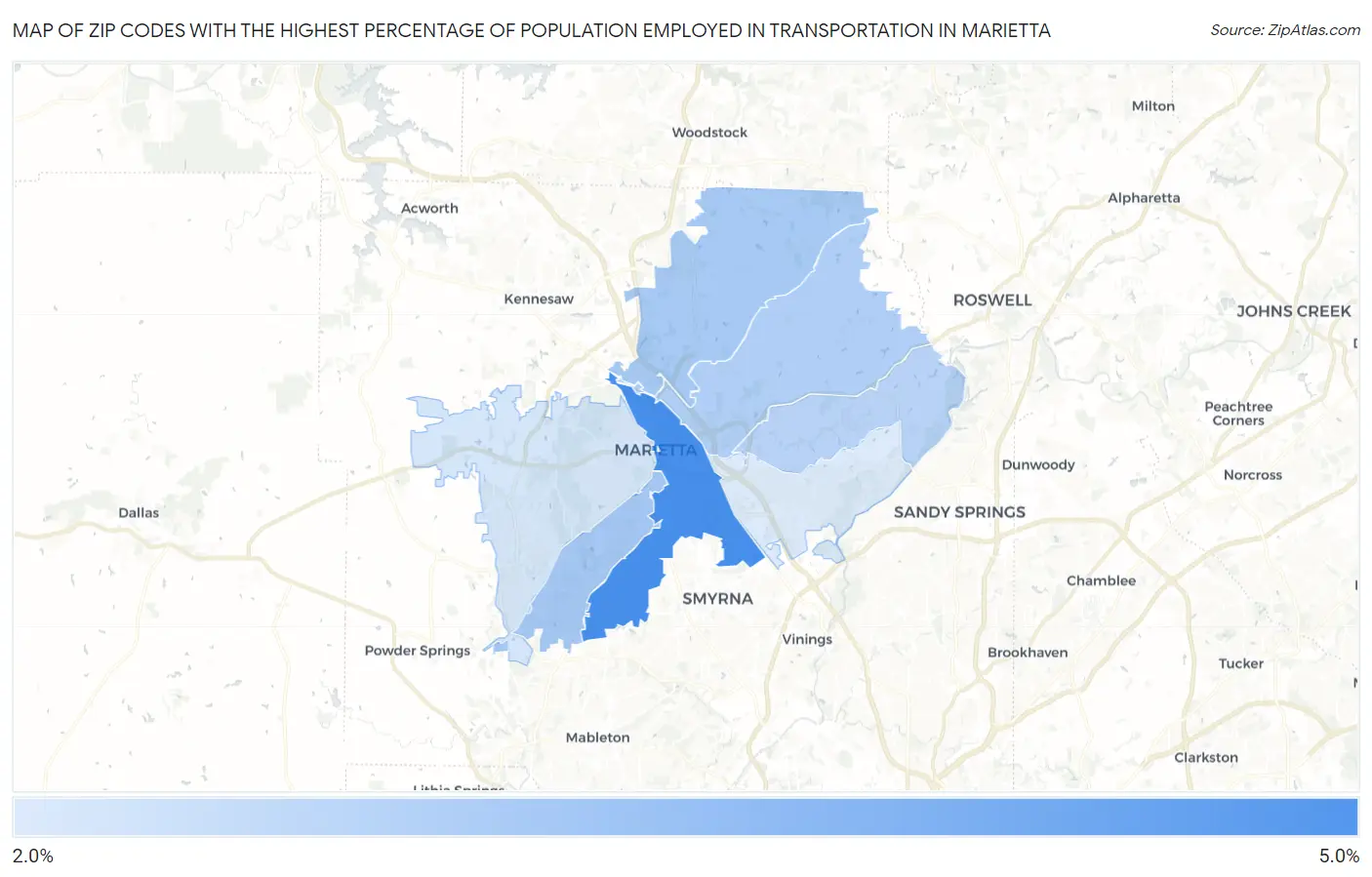 Zip Codes with the Highest Percentage of Population Employed in Transportation in Marietta Map