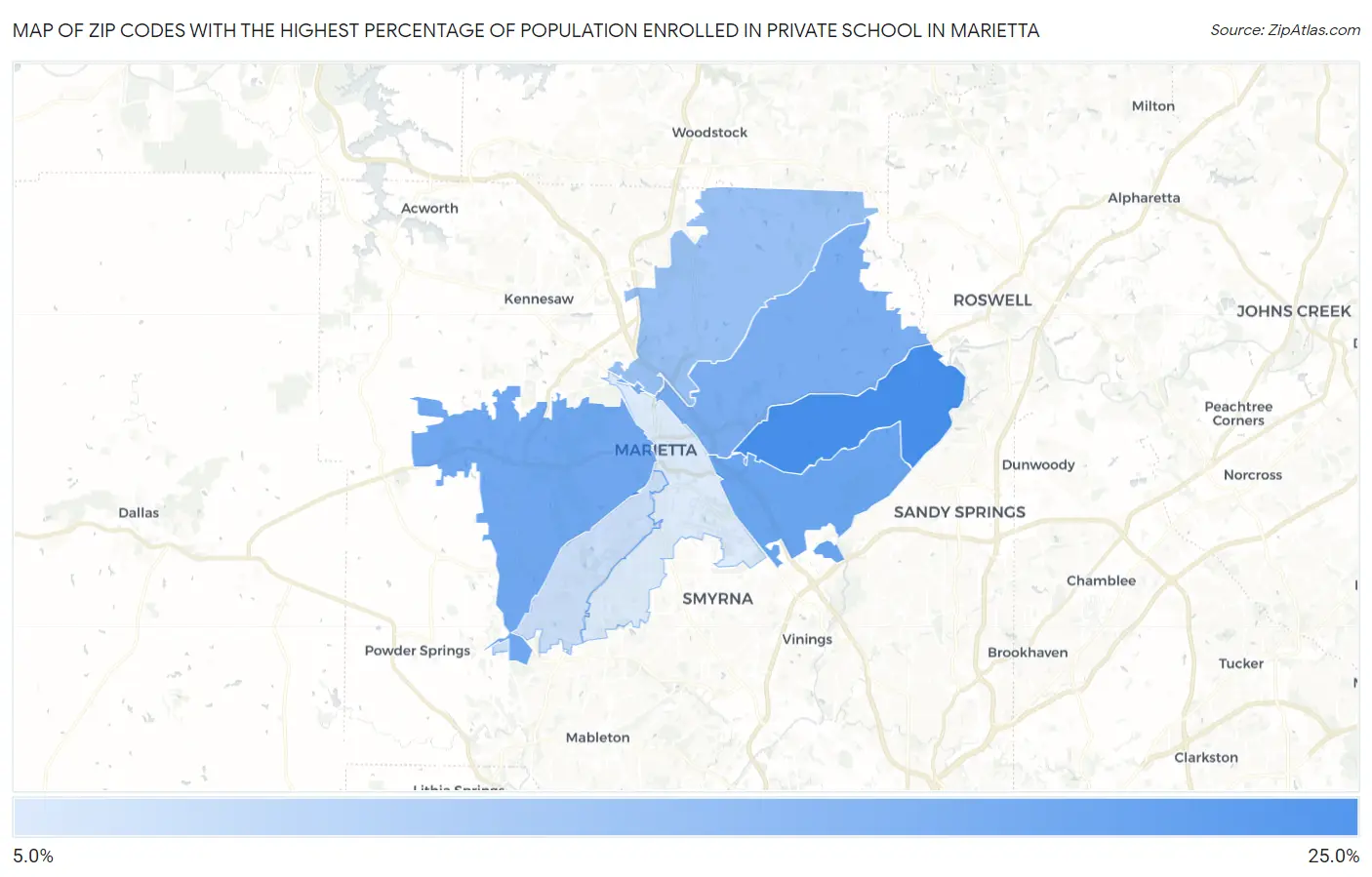 Zip Codes with the Highest Percentage of Population Enrolled in Private School in Marietta Map