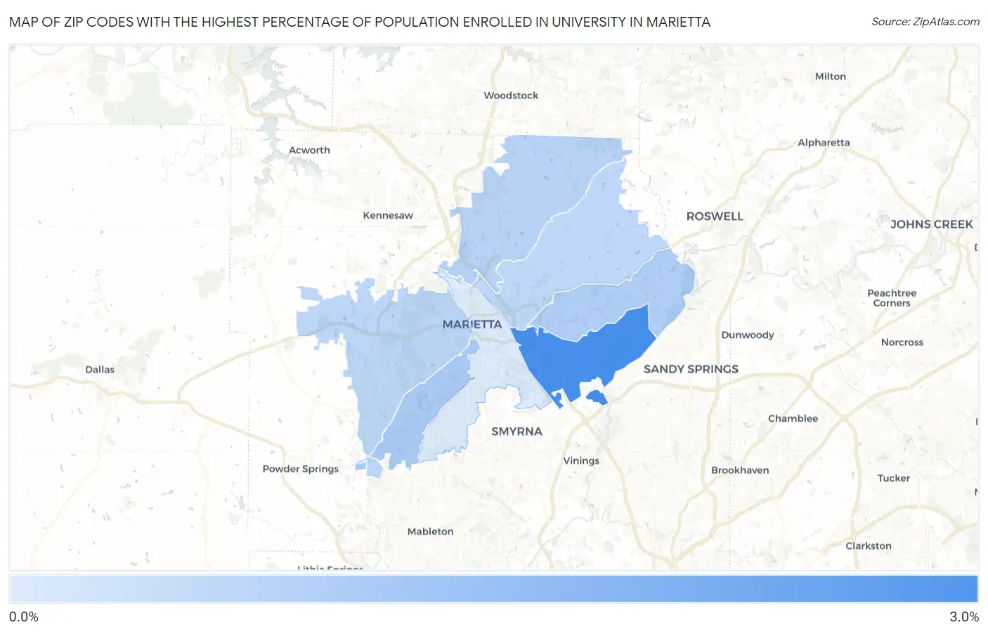 Zip Codes with the Highest Percentage of Population Enrolled in University in Marietta Map