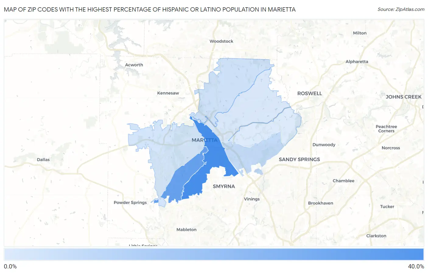 Zip Codes with the Highest Percentage of Hispanic or Latino Population in Marietta Map