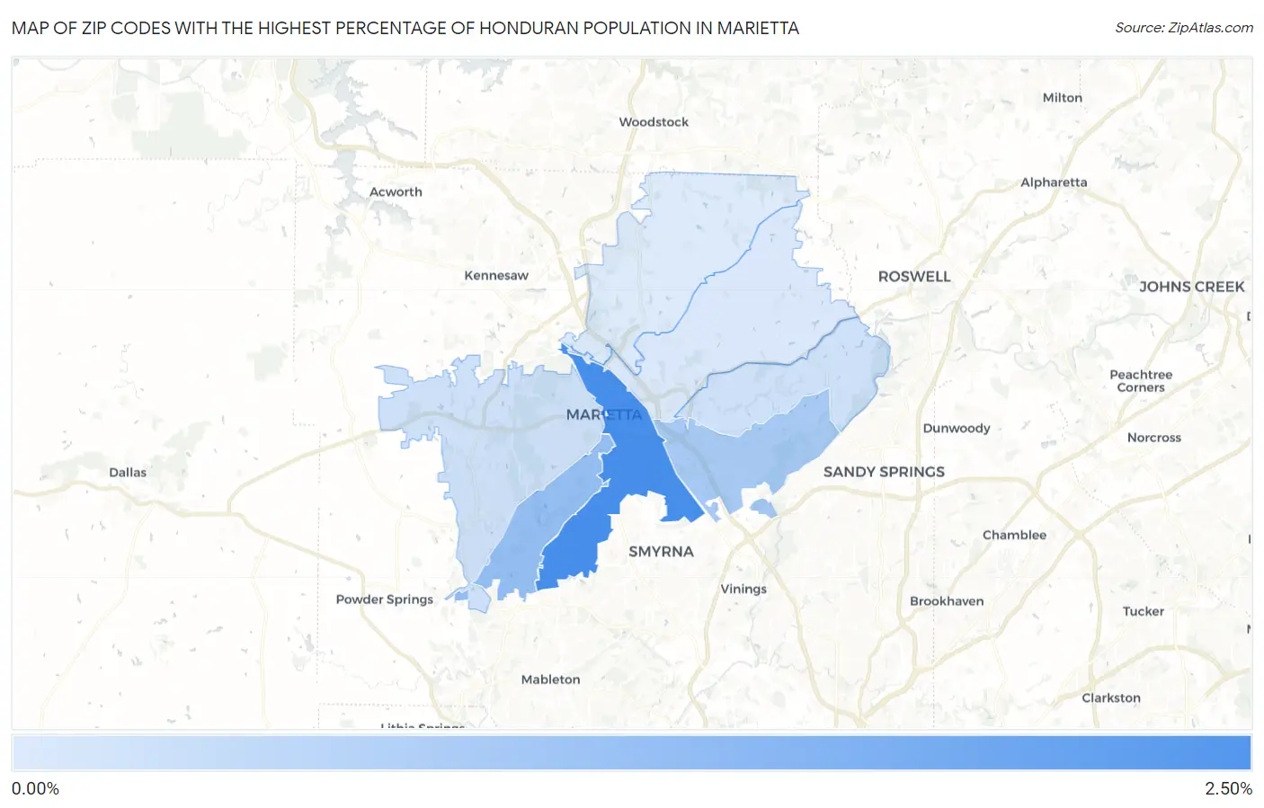Zip Codes with the Highest Percentage of Honduran Population in Marietta Map